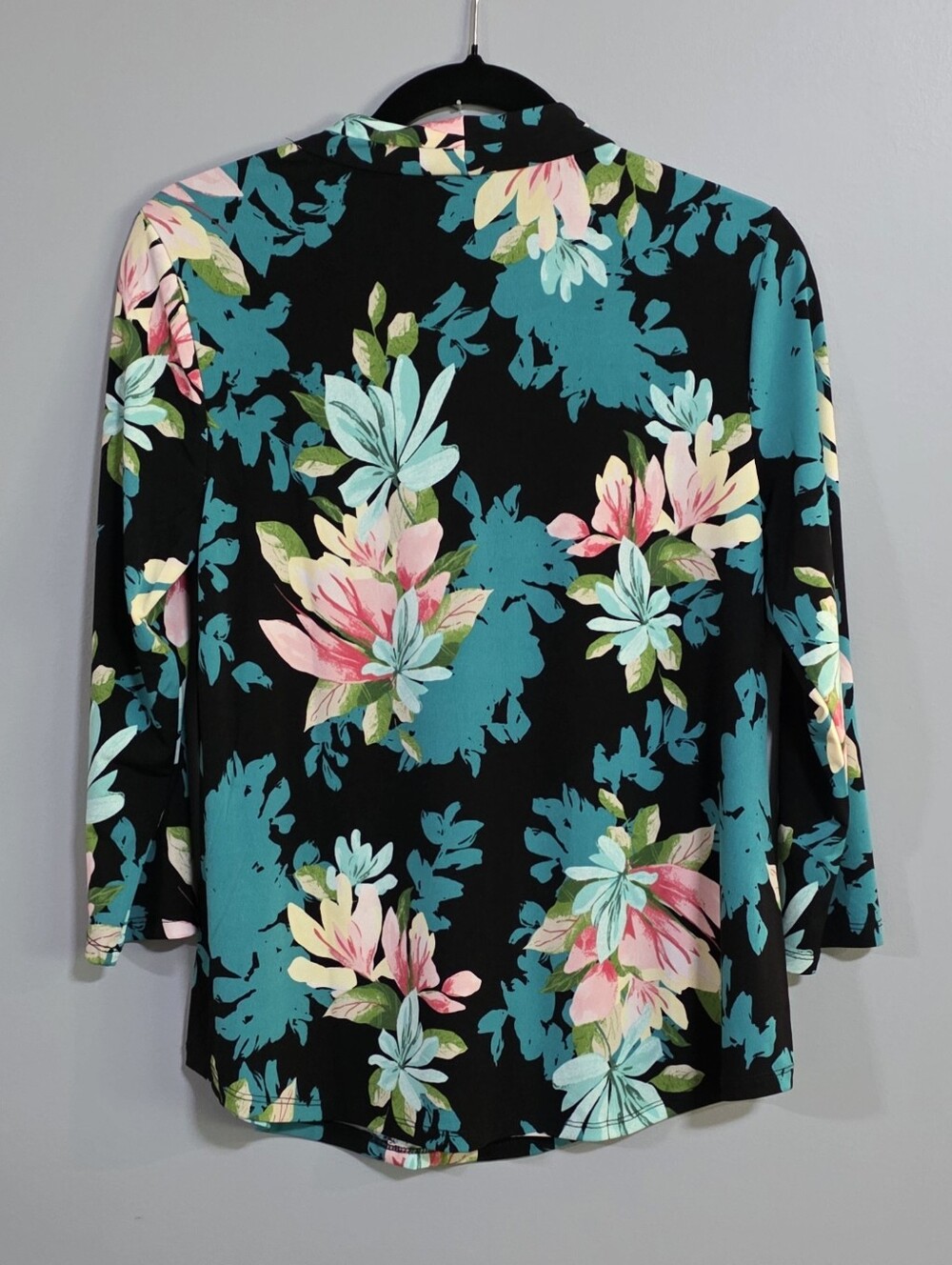 JM Collection Black Floral V-Neck Blouse with Teal and Pink Blooms - Picture 6 of 7